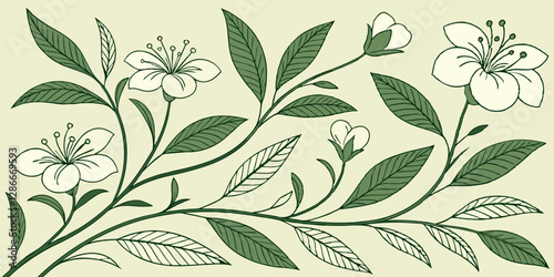 Illustrate a seamless green tea leaf and blossom pattern with calming tones.