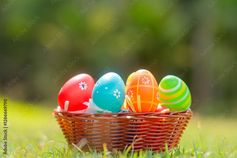 Fototapeta premium A wicker basket filled with colorful Easter eggs sits on fresh green grass, surrounded by a blurred natural background.