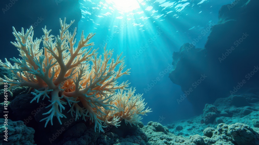 Fototapeta premium Underwater view of bleached coral reef with soft corals and sun rays streaming through clear water 