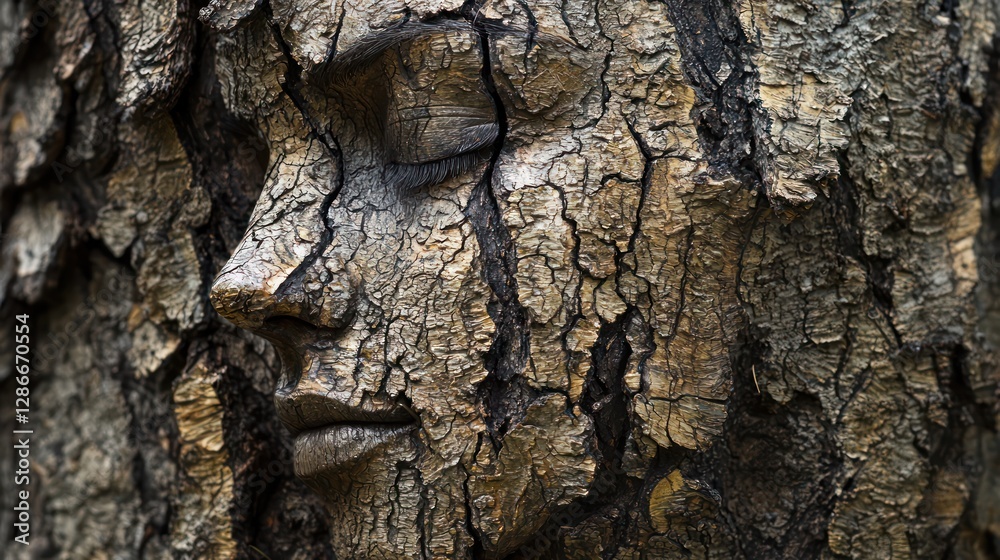 Blending of a face with textured tree bark, symbolizing human nature and growth Blending of a face with textured tree bark, symbolizing human nature and growth