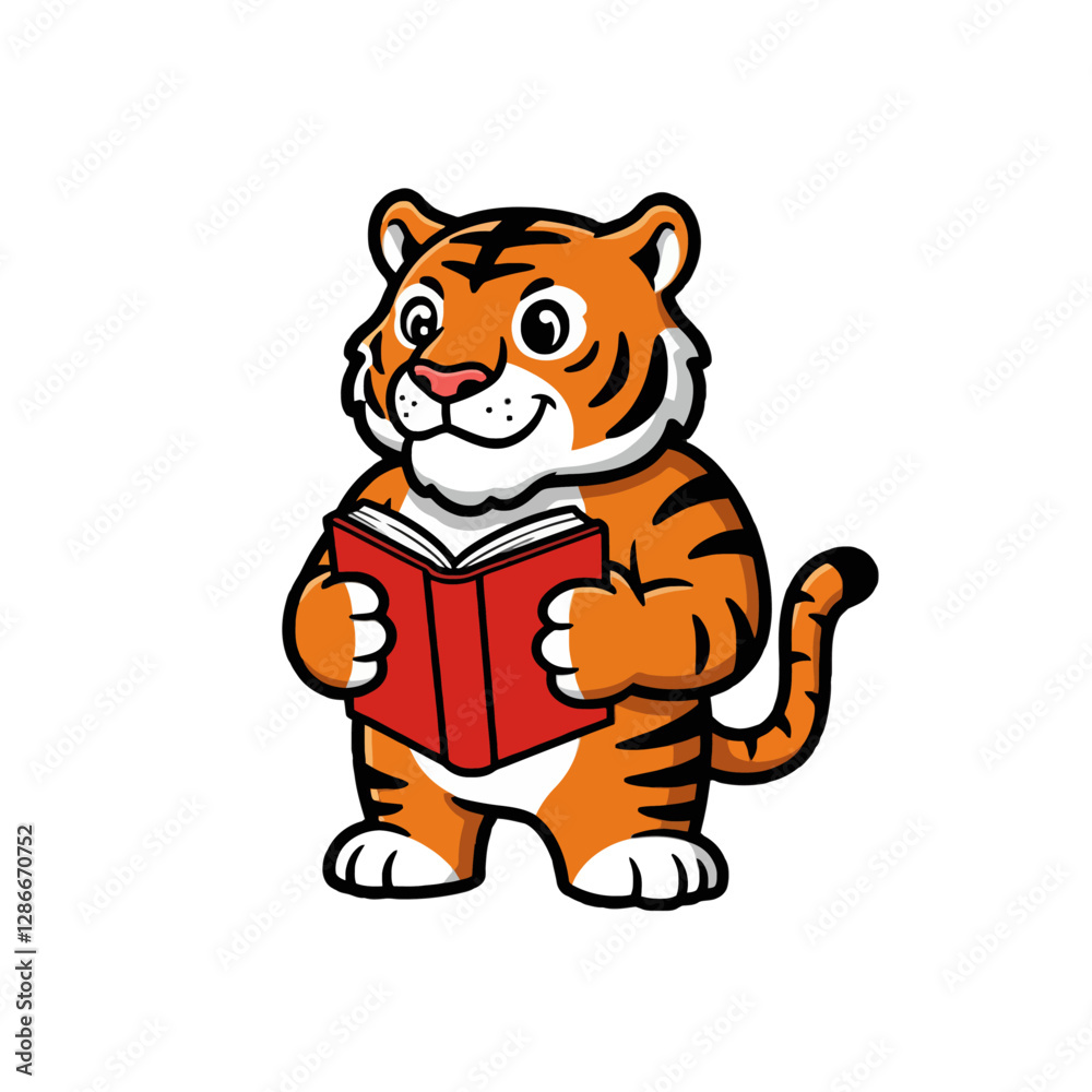 Cute Cartoon Tiger Reading Book with Smile and Knowledge Motif Cute Cartoon Tiger Reading Book with Smile and Knowledge Motif