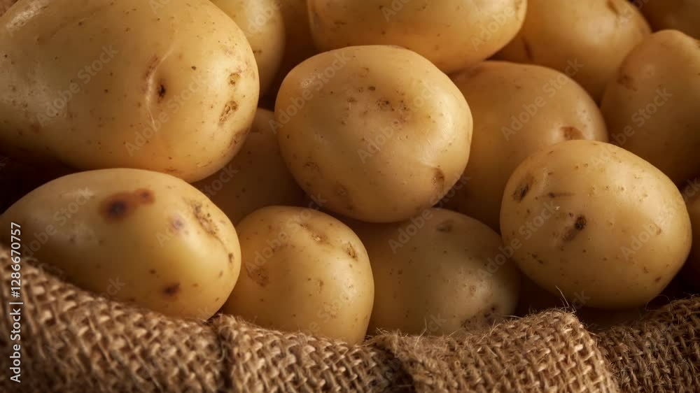 Potatoes wrapped in hessian cloth backdrop close up stock footage Potatoes wrapped in hessian cloth backdrop close up stock footage