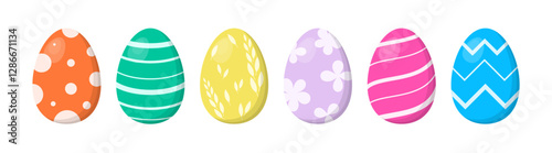 Colorful Easter eggs. Set of festive eggs with different patterns. Vector elements for design, decor, sticker, card, banner, sale.