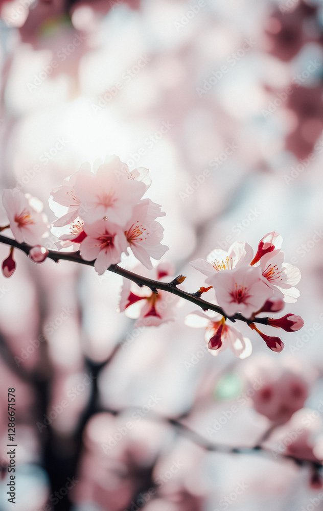 Close-up of beautiful cherry blossoms in full bloom, bathed in soft sunlight Close-up of beautiful cherry blossoms in full bloom, bathed in soft sunlight
