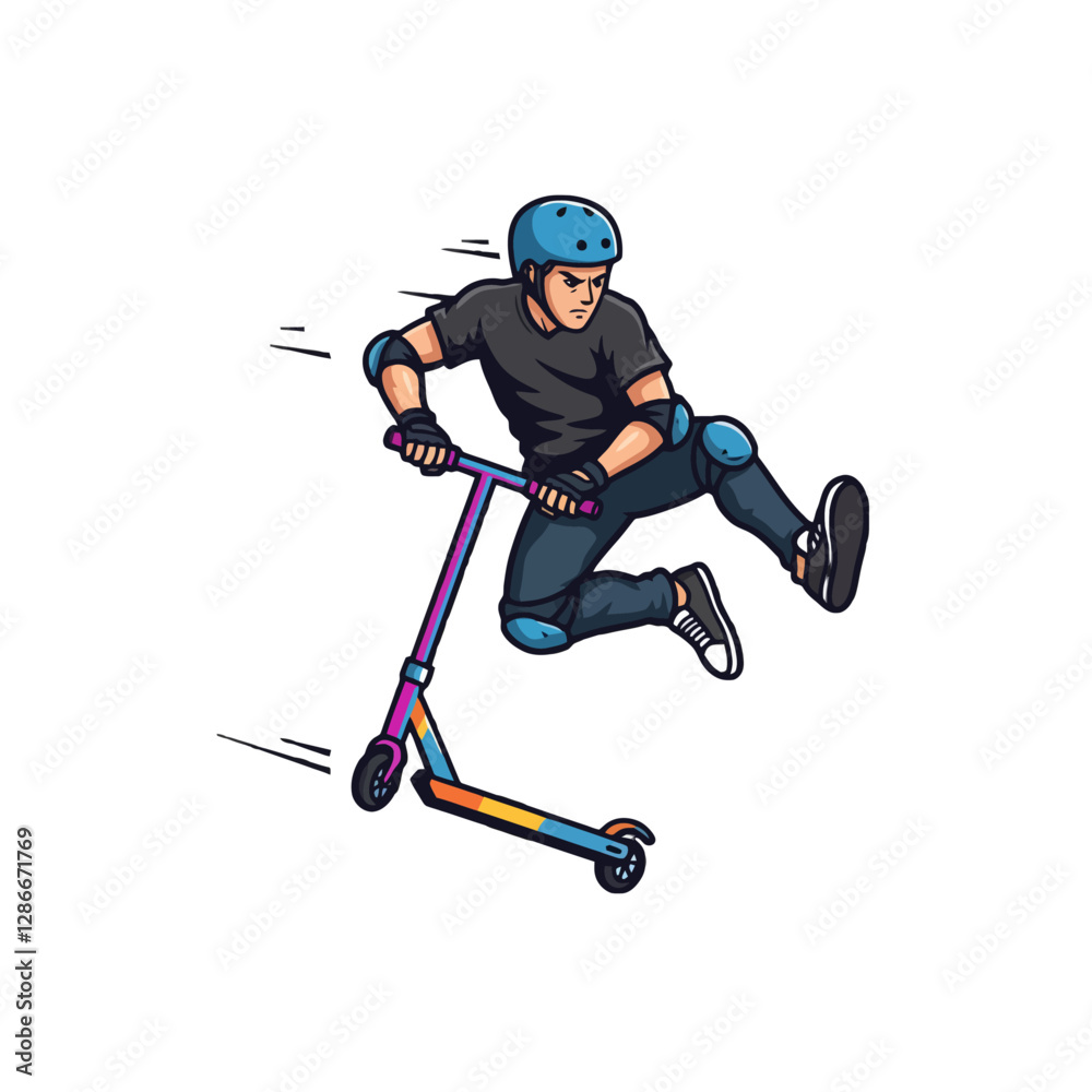 Young Athlete Performing Stunt on Stylish Scooter with Protective Gear On Young Athlete Performing Stunt on Stylish Scooter with Protective Gear On