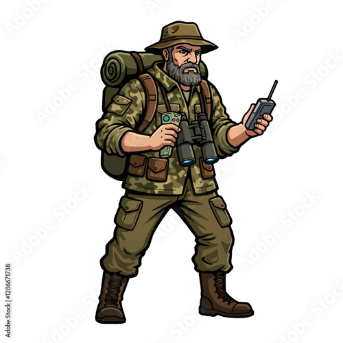 Outdoor Adventurer Holding Walkie Talkie and Binoculars Ready for Exploration