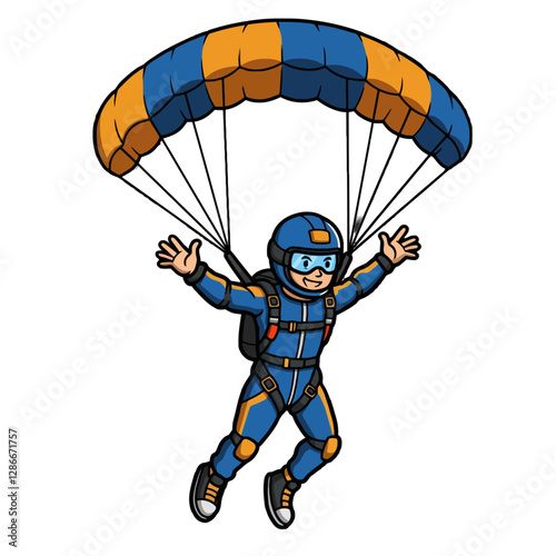 Cartoon Character Skydiving With Parachute in Blue and Orange Gear