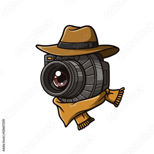 Cartoon Camera with Hat and Scarf in Adventurous Character Style