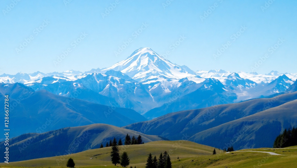 Fototapeta premium Majestic Snow-Capped Mountain Range with Rolling Hills and Clear Blue Sky.