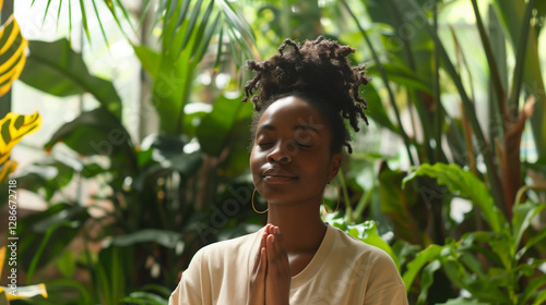 Balance, breathing and young woman by plants for zen meditation in a greenery nursery, Breathe, gratitude and young African female person with a relaxing peace mindset by an indoor greenhouse garden
