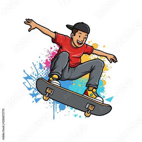Energetic Young Boy Performing Skateboard Tricks with Colorful Artistic Background