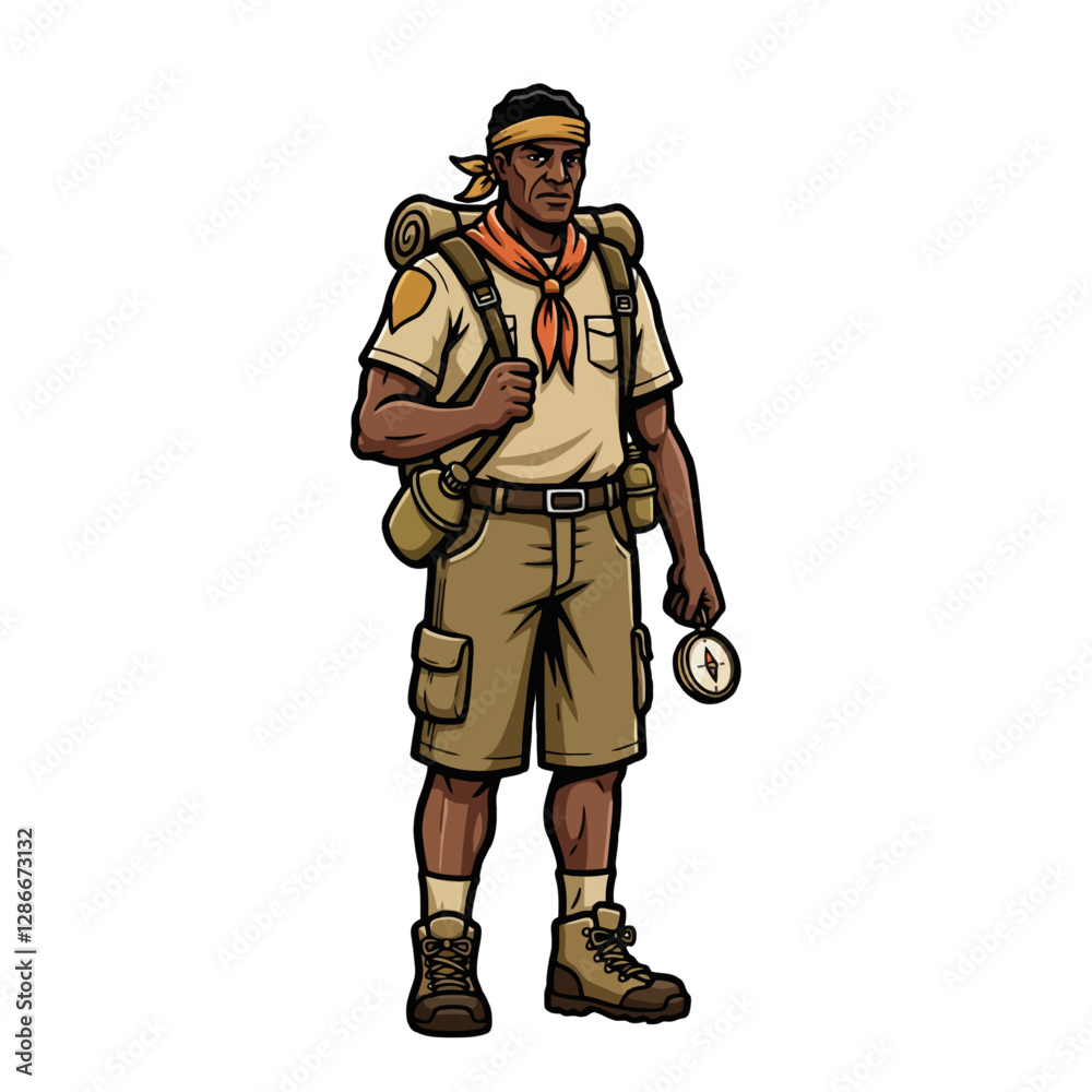 Explorer Cartoon Character with Backpack and Compass Explorer Cartoon Character with Backpack and Compass