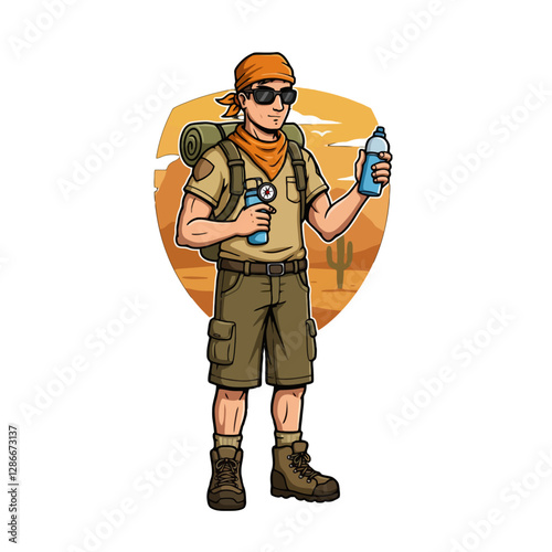 Illustration of a Desert Hiker Holding a Water Bottle in Nature