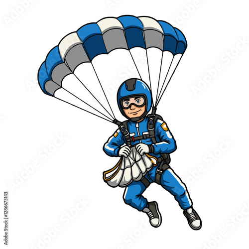 Parachutist in Blue Suit Gliding Through Air With Parachute Open