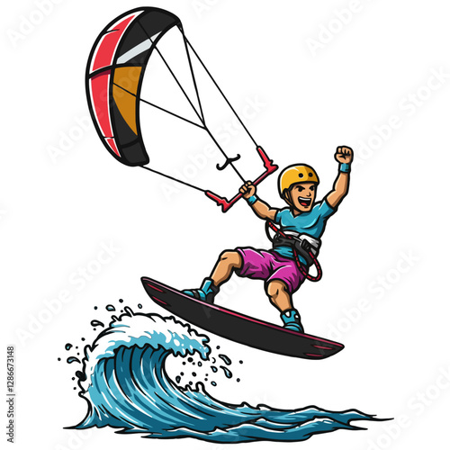Exciting Cartoon Kiteboarder Riding Waves with Parachute