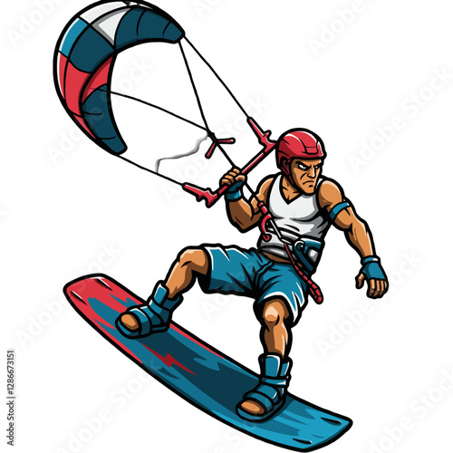 Dynamic Illustration of a Kiteboarding Man in Water Sports Action