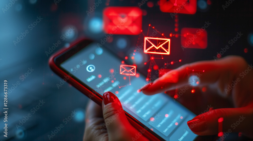 SMS spam, fake text message phishing from scammer concept, System hacked red warning alert, email hack, scam malware spreading virus on message alert virtual on mobile phone screen in person hand
