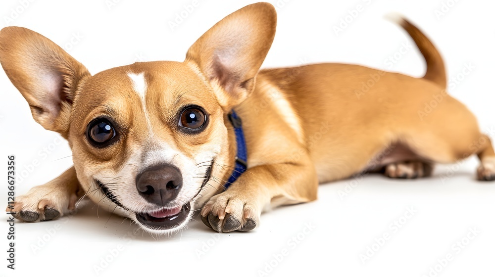 Playful Chihuahua Dog with a Happy Expression Lying on a White Background Playful Chihuahua Dog with a Happy Expression Lying on a White Background