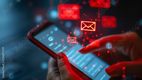 Obraz na płótnie SMS spam, fake text message phishing from scammer concept, System hacked red warning alert, email hack, scam malware spreading virus on message alert virtual on mobile phone screen in person hand w salonie