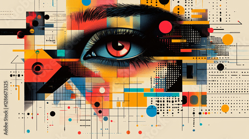 Eye-catching poster with a grid of colorful squares, each containing futuristic icons, typography, or artistic designs