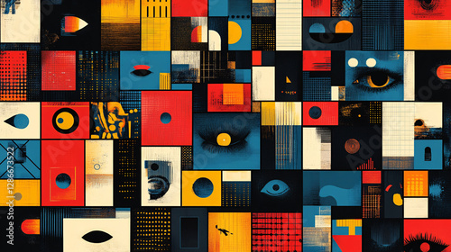 Eye-catching poster with a grid of colorful squares, each containing futuristic icons, typography, or artistic designs