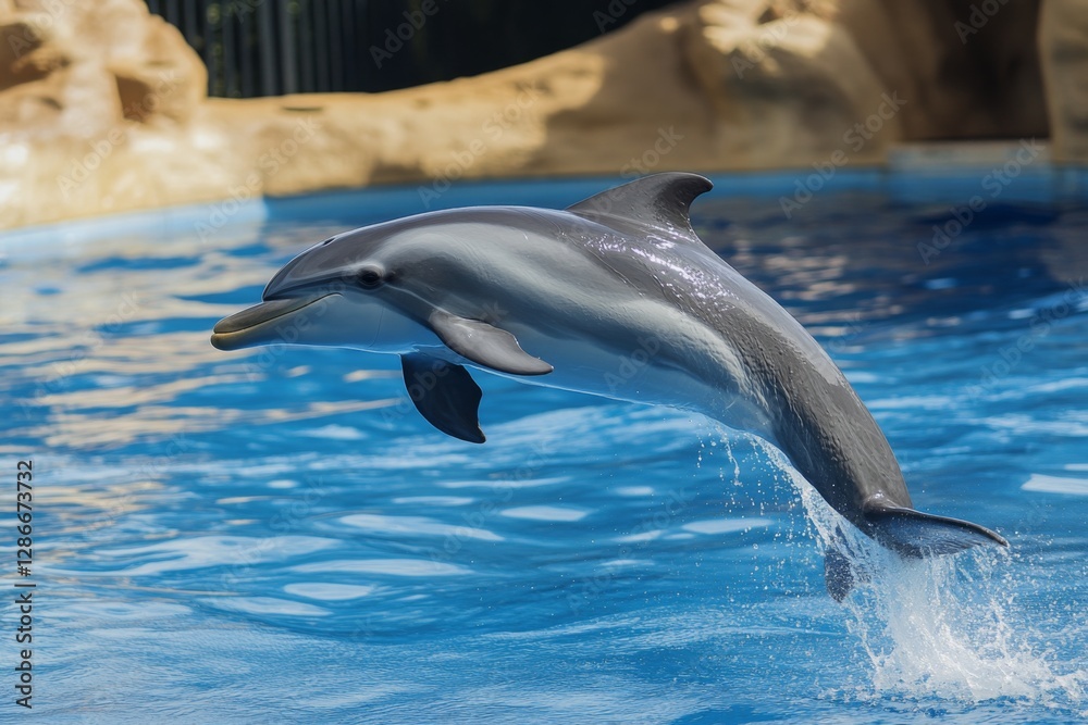 Fototapeta premium Dolphin Leaping Out of Water Marine Sanctuary Wildlife Photography Aquatic Environment Close-Up View Nature's Grace