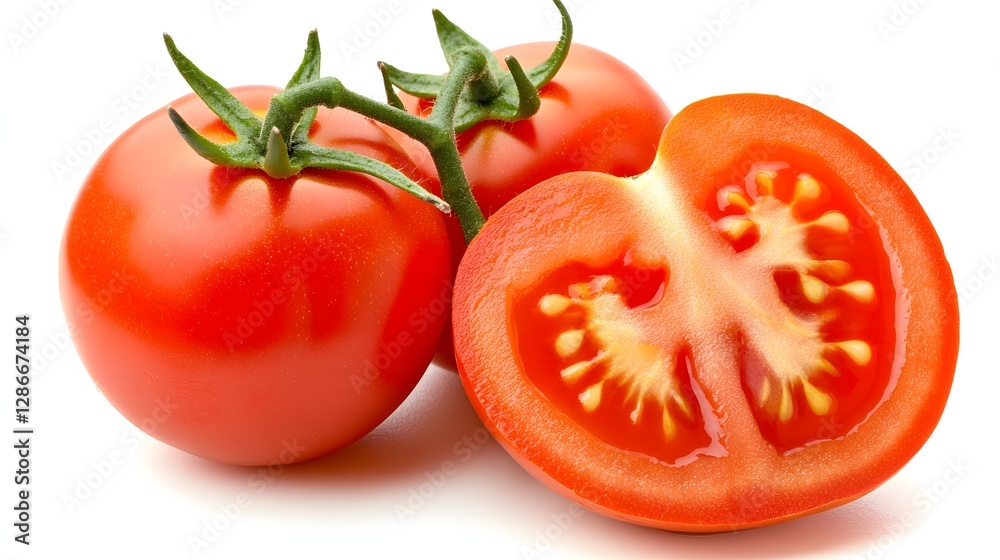 Freshly Sliced Red Tomato with Perfectly Juicy Interior Cut Across on White Background Freshly Sliced Red Tomato with Perfectly Juicy Interior Cut Across on White Background