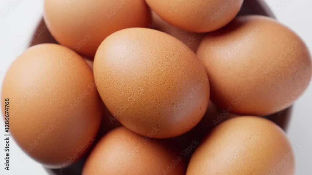 Fresh chicken eggs in bowl. Top view. Farm food concept. Protein. Pile of eggs. Macro video showcasing fresh eggs. Close-up in 4K, UHD Fresh chicken eggs in bowl. Top view. Farm food concept. Protein. Pile of eggs. Macro video showcasing fresh eggs. Close-up in 4K, UHD