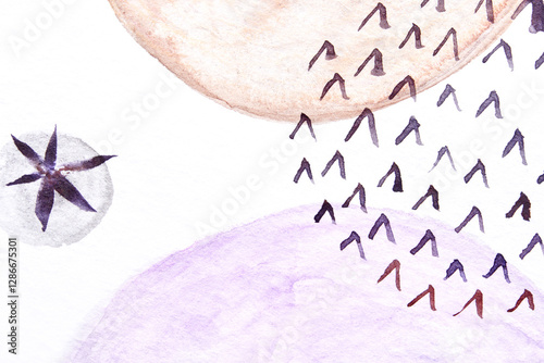 Abstract watercolor geometric shapes with arrows and starburst on textured paper.