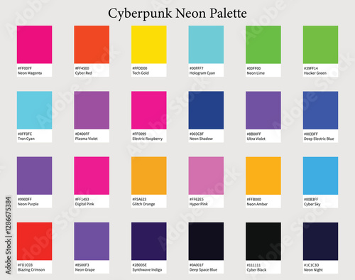 Color Palette 24 Colors of Cyberpunk Neon - Colorful Futuristic Glowing, Deep, Electric Colors- with HEX Codes and Names, Colour Swatches and Combinations