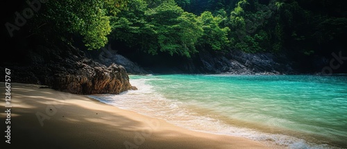 A pristine beach with golden sand and turquoise waters, surrounded by lush green foliage, radiating tranquility and tropical paradise vibes.