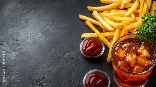 A glass of tea sits on a table next to a plate of french fries
