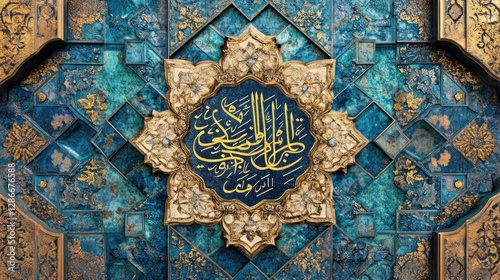Islamic Calligraphy Art in Gold and Blue with Ornate Floral Details