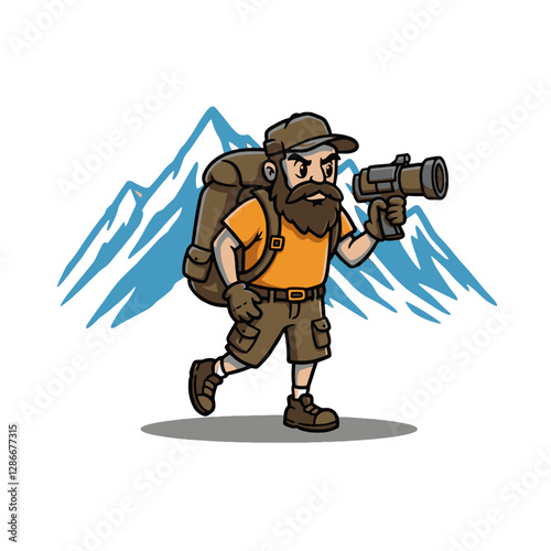 Cartoon Explorer with Backpack and Telescope in Mountain Wilderness