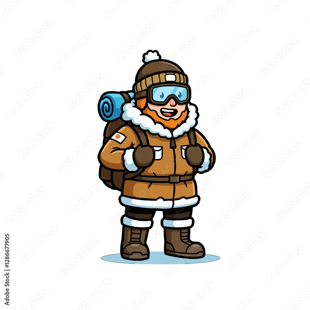 Cartoon Character Depicting a Winter Explorer in Warm Outdoor Clothing Cartoon Character Depicting a Winter Explorer in Warm Outdoor Clothing