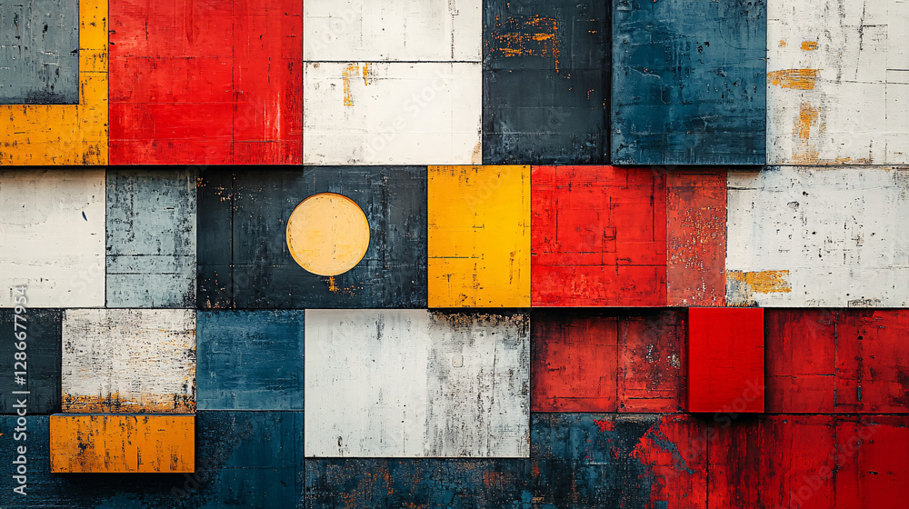 Modern abstract poster with overlapping squares, each showcasing different colors, textures, and minimalist symbols Modern abstract poster with overlapping squares, each showcasing different colors, textures, and minimalist symbols