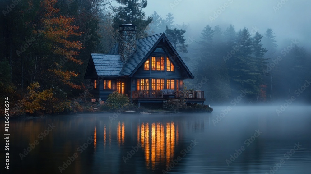 Fototapeta premium Cozy Cabin Home Reflected on Misty Lake Waters at Twilight