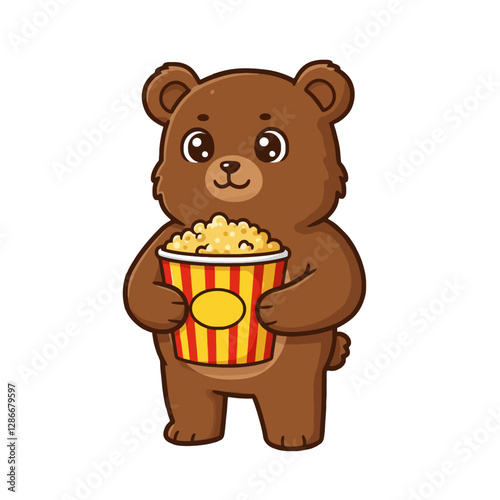 Cute Cartoon Bear Holding Popcorn Bucket on White Background