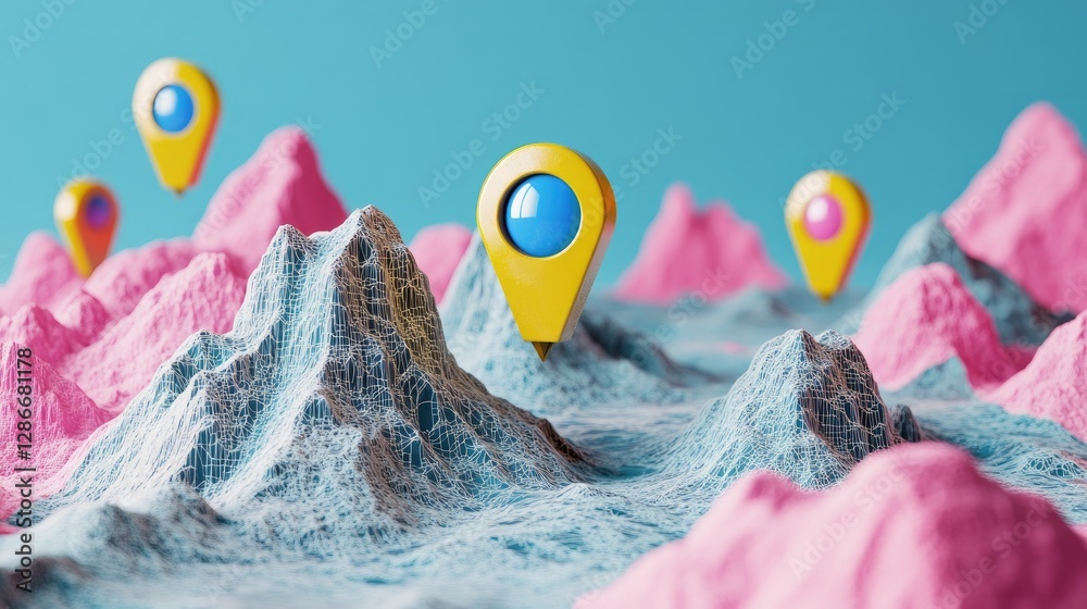 Obraz premium Brightly colored location pins and wireframe mountains capture the essence of digital navigation.