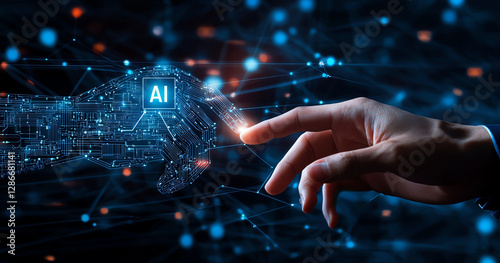 image depicts human hand reaching out to touch robotic hand, symbolizing connection between humans and artificial intelligence. background features network of digital connections, enhancing theme
