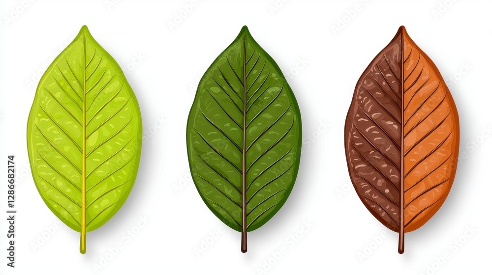 Fototapeta premium Trio of different leaf varieties displayed on a clean white background, highlighting natures unique designs