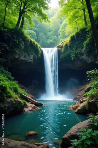 serene waterfall situated within a tranquil forest, natural, waterfall