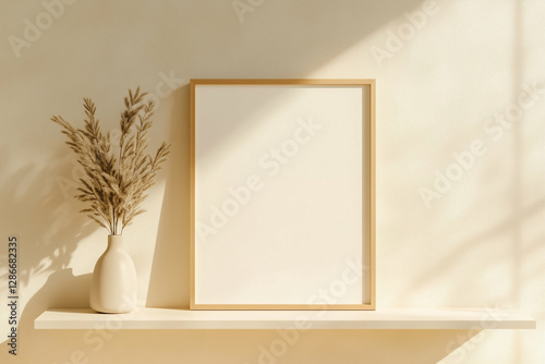 Framed picture and vase with dry plants on shelf. Home decor and interior design element with sunlight