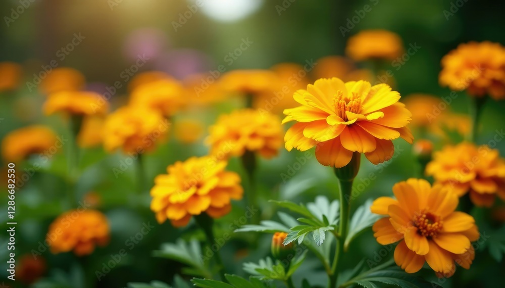 Marigold flowers in a garden bed with other plants, colors, marigold, yellow Marigold flowers in a garden bed with other plants, colors, marigold, yellow
