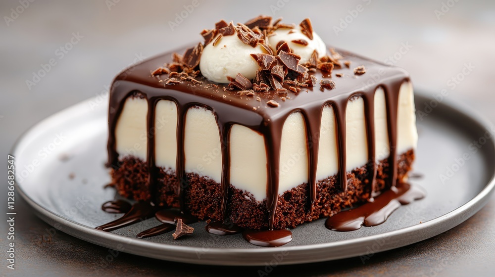 This indulgent chocolate dessert features a rich, layered cake topped with creamy frosting and chocolate shavings, perfect for any sweet tooth craving.