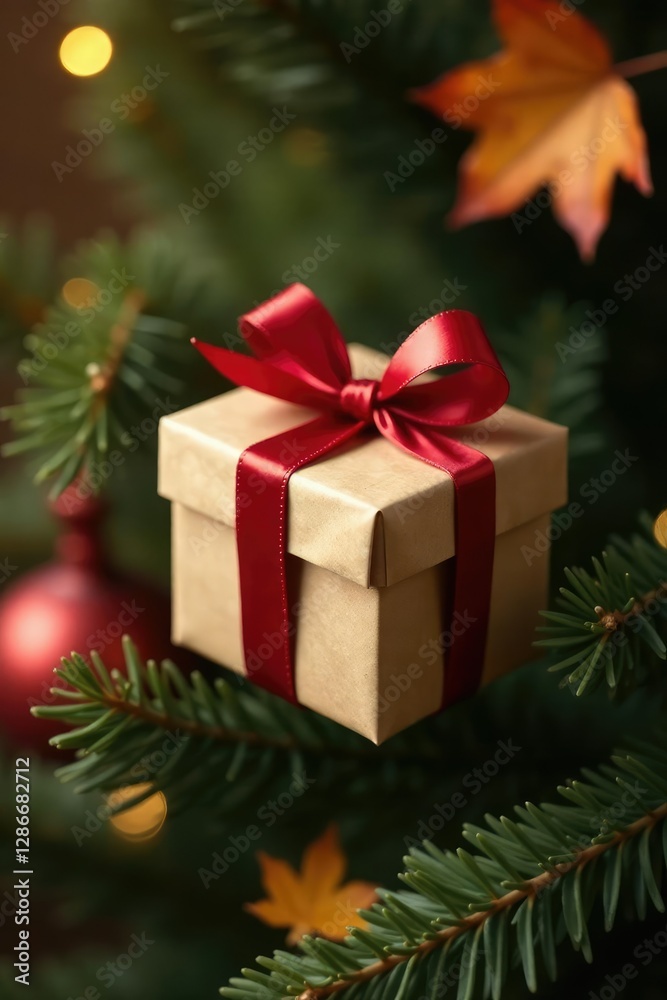Fototapeta premium Gift box ornament on brown paper wrapped tree branch, rustic, ornament, autumnal