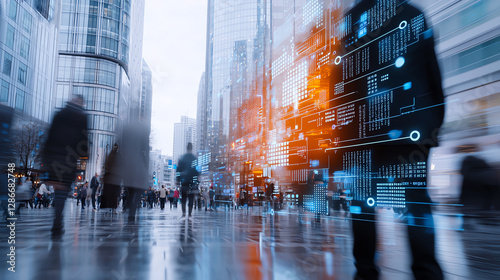 bustling city center with people walking among modern skyscrapers, enhanced by digital data overlays, creating futuristic atmosphere