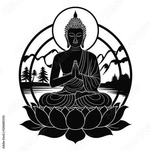 Silhouettes of Buddha in Lotus Position with white background