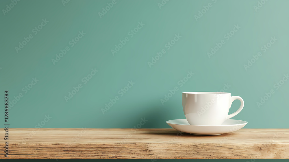 Serene Moment: Minimalist composition featuring a white cup and saucer resting on a wooden shelf against a muted teal backdrop, evoking calm and simplicity. Serene Moment: Minimalist composition featuring a white cup and saucer resting on a wooden shelf against a muted teal backdrop, evoking calm and simplicity.