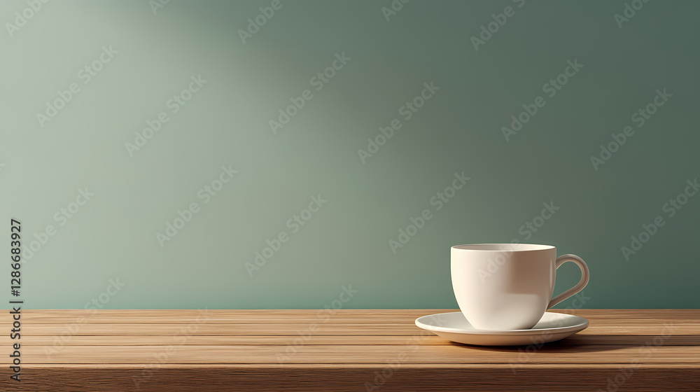 Minimalist Coffee Cup on a Wooden Table: A solitary porcelain coffee cup rests on a saucer, placed atop a natural wood surface, against a smooth, serene backdrop, creating a sense of peace. Minimalist Coffee Cup on a Wooden Table: A solitary porcelain coffee cup rests on a saucer, placed atop a natural wood surface, against a smooth, serene backdrop, creating a sense of peace.